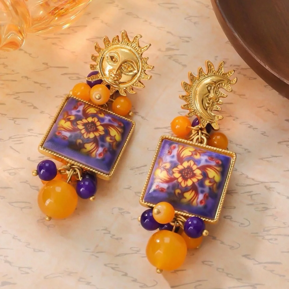 Celestial Sun Moon Earrings Vintage Style Tile 90’s Vibe Ornate Beaded Purple